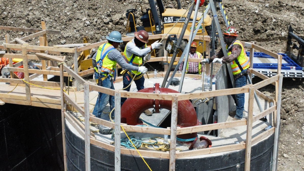 Aerial view of a lift station wet well under construction